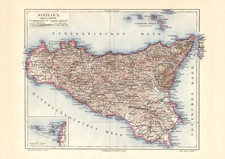 Sizilien historische Landkarte Lithographie ca. 1907 antike Karte Geographie