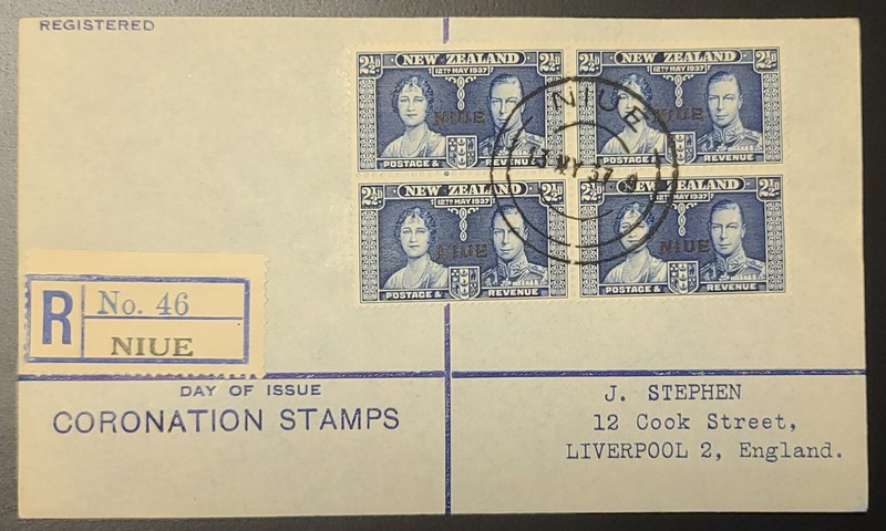 Niue 1937 KGVI Coronation BLOCK First Day Cover FDC Registered No. 46 LIVERPOOL