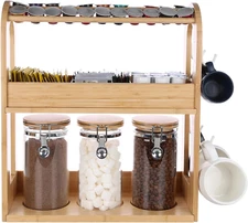 Coffee & Tea Bar Organizer Set with 3 Airtight Jars, Bamboo Countertop Storage O
