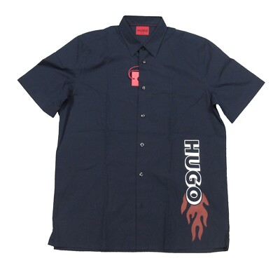 Hugo Boss Men's Blue Ebor Graphic Straight Fit Short Sleeve Button Down Shirt