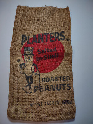 Vintage ''PLANTERS Salted In-Shell Roasted Peanuts'' 1 lb 8 oz  Empty Burlap Bag
