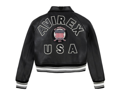 Avirex Damen Cropped Varsity Lederjacke Schwarz Bomber Patch Logo Limited