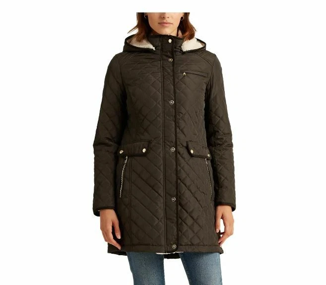New Ralph Lauren Women's Quilted Coat Faux Shearling Lining XS Dark Moss  S0716 | eBay