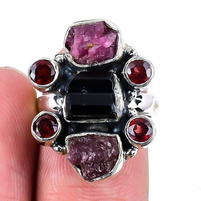 Natürlicher rosa Turmalin 925 Silber Muttertag Handarbeit Statement Ring US 5,5