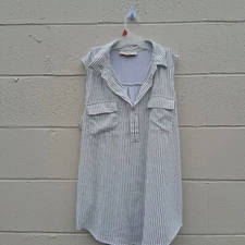 LOFT White & Cream Striped Sleeveless Top Collared Button Down Pockets Women's S