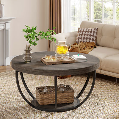 Circle Coffee Table with Storage 2-Tier Round Center Table