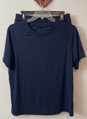 Womens Large Blue Ribbed Shirt & Shorts Comfy Pull-On Stretchy Lounge Set! A2713