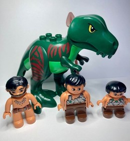 Retired Duplo Lego T-Rex Dinosaur from Dino Trap #5597 with Cavemen Minifigs