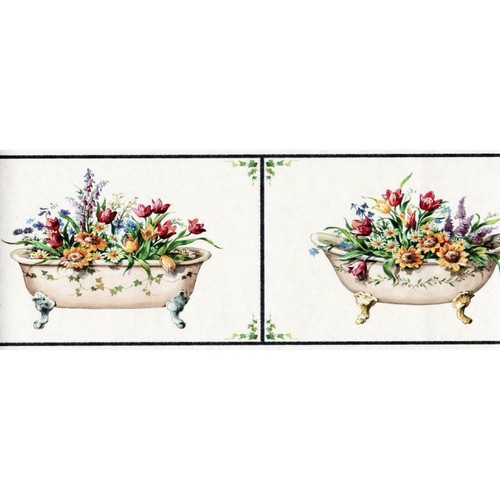 Floral Bathtub Wallpaper Border White Black Bath Coastal Prepasted 15ftx6.8in - Bild 2 von 5