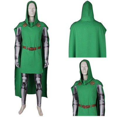 Marvel Fantastic Four Doctor Doom Cosplay Costume Green Cloak Jumpsuit Halloween