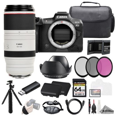 Canon EOS R5 + RF 100-500mm f/4.5-7.1 L IS USM Lens +64GB + Ext Bat- Kit