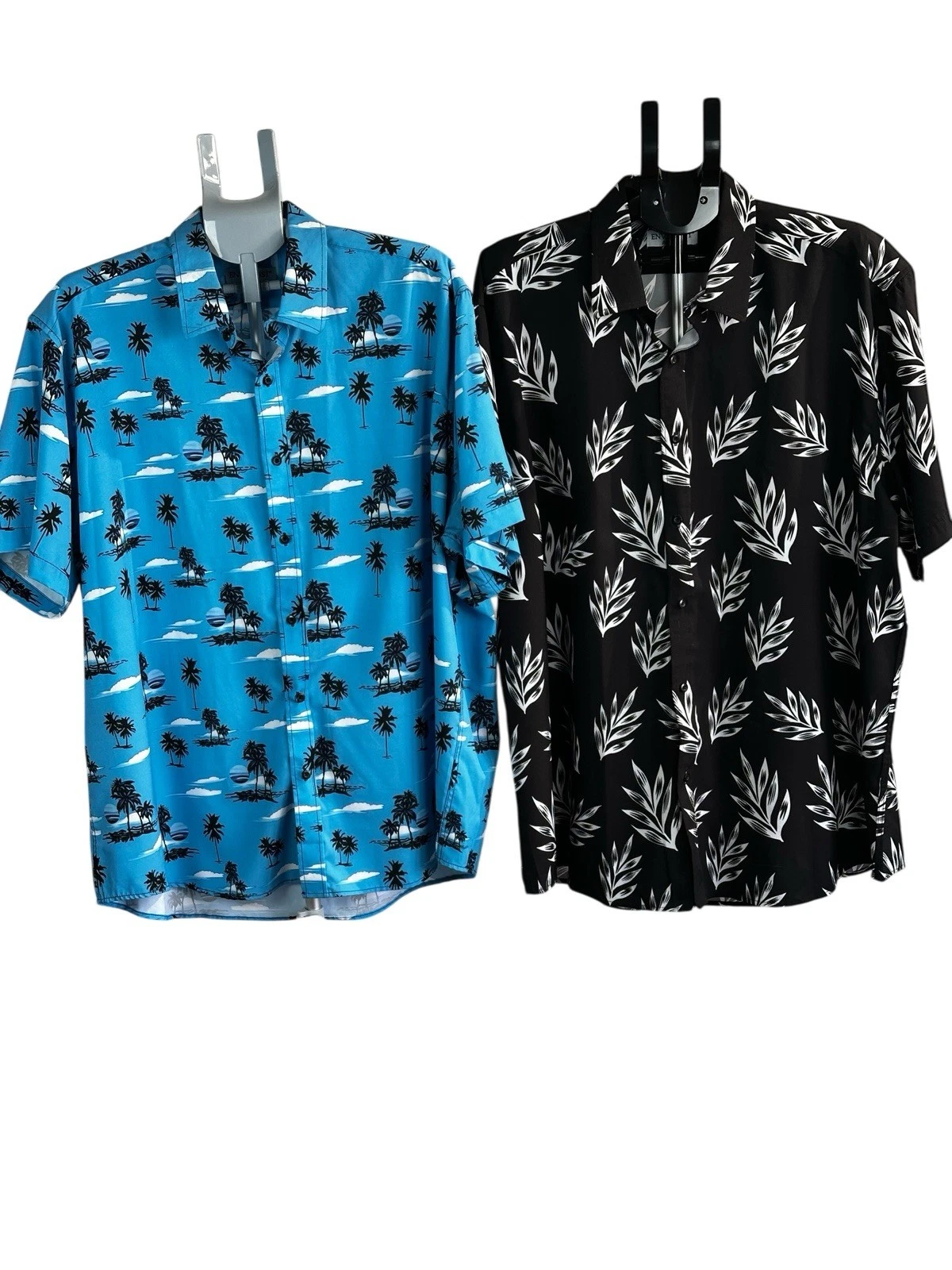 ENVMENST Tropical Button-Up Shirt Lot (2) – Palm Tree Blue + Black Leaf Print –