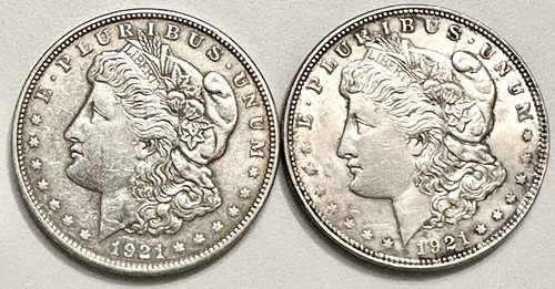 TWO (2) 1921 Morgan Silver Dollars $1 Coins - Philadelphia Mint, 90%, Very Nice!