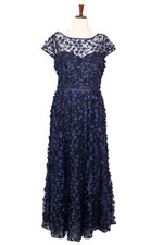 XSCAPE Women's S 14 Navy Blue 3D Raised Flower Evening Gown Dress Cap Sleeveless