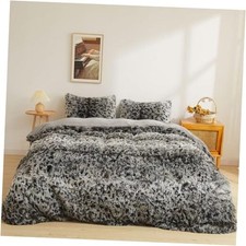 Leopard Print Fluffy Faux Fur Duvet Cover Set, 3 Queen Leopard Print Grey