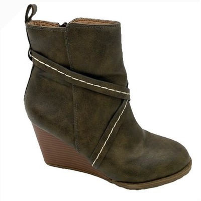 Diba Alberta Wedge Ankle Booties Olive Green Women 8M Side Zip Boho Indie