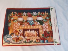 Vtg Tapestry Christmas Table Runner Fireplace Rocking Horse Stockings 70" x 13"