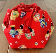 Chirimen Red Drawstring Bag Japanese Kimono Yukata Accessory Handbag zen