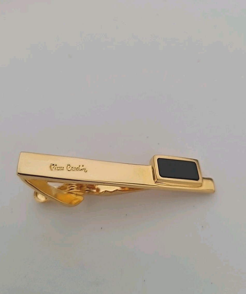 Pierre Cardin Vintage Tie Clasp Clip Bar Black Onyx Gold Tone Retro Designer