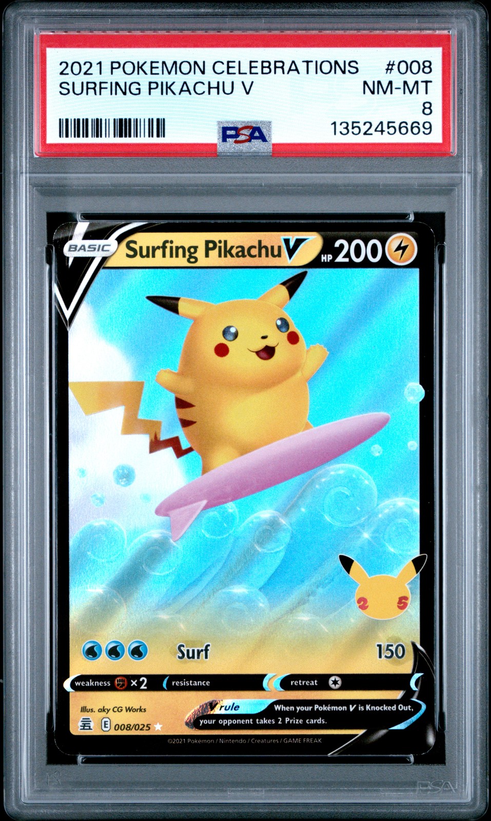 2021 Pokemon Celebrations #008 Surfing Pikachu V PSA8