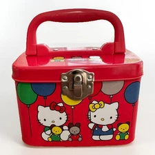 Vintage 1990 Red Hello Kitty Tin Trinket Mini Box Handle Teddy Bears & Balloons