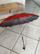 Vintage Bright Red Umbrella w/Carved Wood Poodle Dog Head Handle 