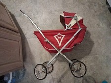 Vintage 1950s South Bend Metal Baby Stroller Carriage Red  White 27  x24  