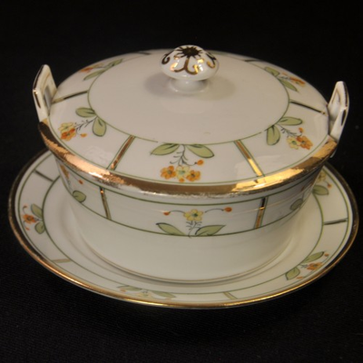 #ad Nippon Butter Tub Strainer Saucer Lid Rising Sun Hand Painted w Gold 1911 1918 $65.98