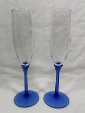Libbey Domaine Champagne Flutes Glasses Blue Hexagonal Petal Stem ~9"  Set Of 2