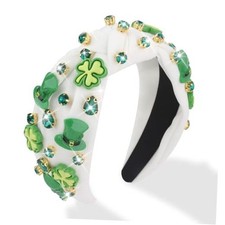 St. Patrick's Day Knotted Headband Shamrock Rhinestone Hair Hoop, White
