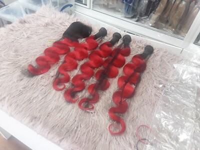 24+26+28+30&24INCH LACE CLOSURE BRAZILIAN HAIR 1B/RED OMBRE BODY WAVE 450g 12AA