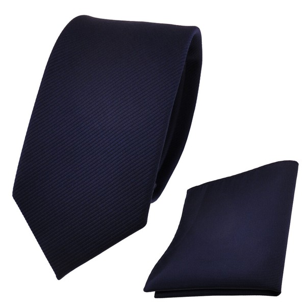 Schmale Designer Tigertie Krawatte + Einstecktuch Blau Dunkelblau Royal Uni Rips-image