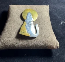 Vintage Sterling silver and brass howling at the moon dog and cat brooch