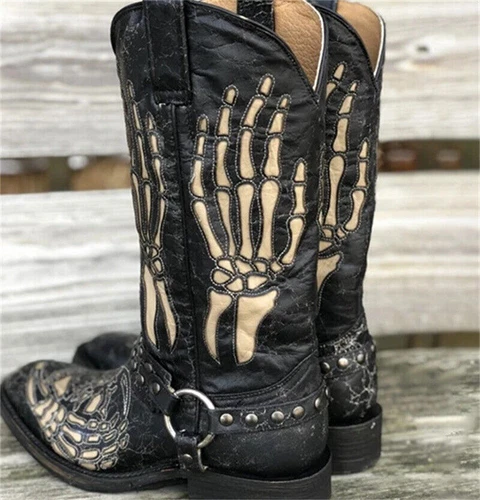 Mens Embroidered Cowboy Boots Western Shoes Skull Pattern Square Head Casual new - Picture 6 of 6