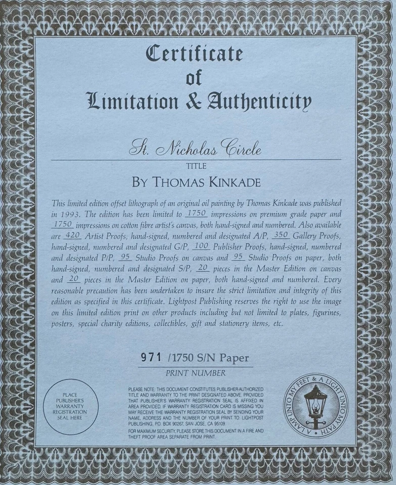 Litografía Thomas Kinkade ST NICHOLAS CIRCLE firmada a mano edición limitada 20"x24" Foto 3 de 4