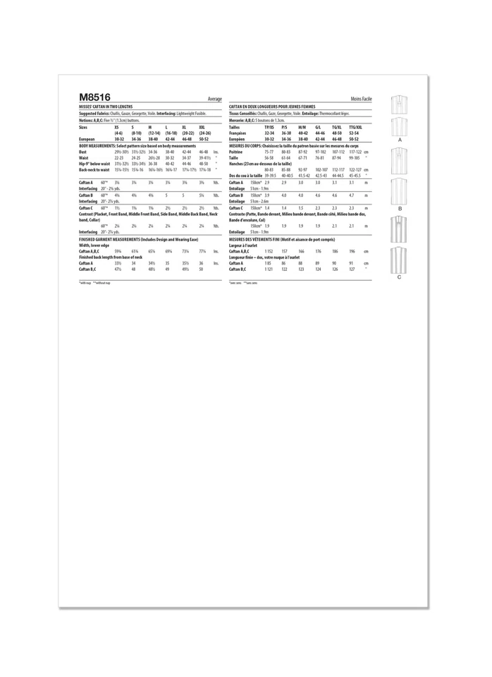 McCall's M8516 Misses Caftan Kimono Sleeves Sewing Pattern Sizes XS-XXL (4-26) - Image 2 of 4