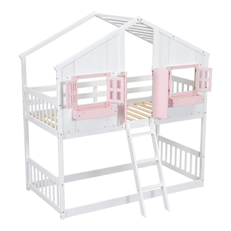 Twin over Twin House Bunk Bed with Roof,Window,Storage Box,Door for Kids Gifts
