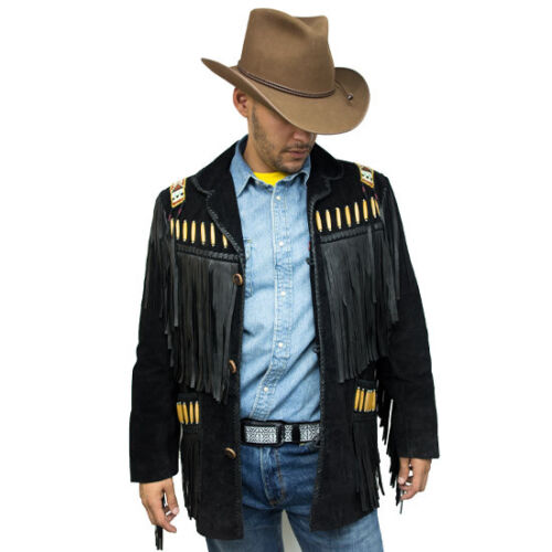 Hombres el Cowboy Negro Gamuza Piel de Vacuno Chaqueta Flecos y Huesos Capa  - Photo 1/4