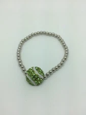 Tennis Ball With Green Crystals Charm Silver Beads Stretch Bracelet