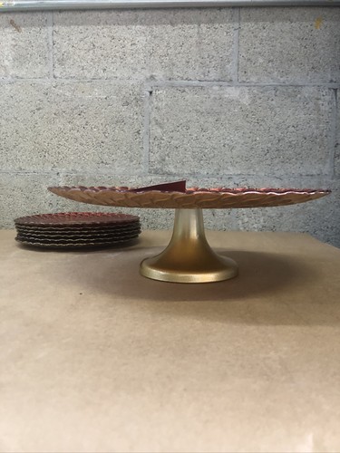 Turkish Set of 6 Ruby Red Glass Dessert Plater W/ Cake Stand Golden textured - Picture 8 of 10