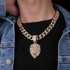 Bling Lion Head Pendant  13mm 18" Iced Cubic Zirconia Chain Hip Hop Necklace