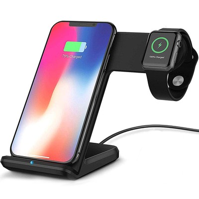 2 in 1 Fast Qi Wireless Charging Dock Stand 10w for Apple iPhone iWatch BLACK