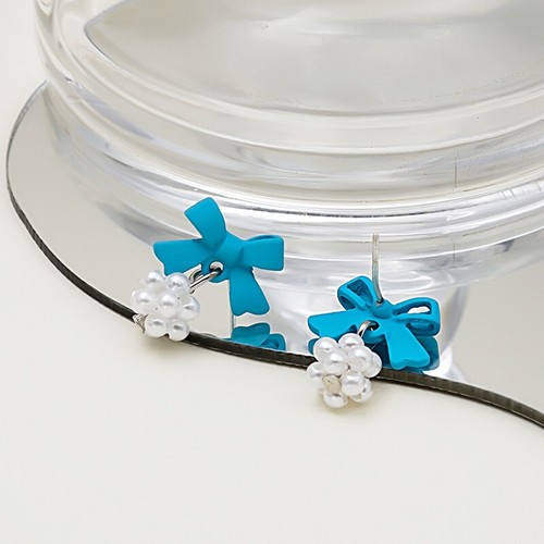 Gorgeous Women 925 Sterling Silver Earrings Cute Blue Bow Pearl Ball Tassel 1607 - Picture 3 of 5