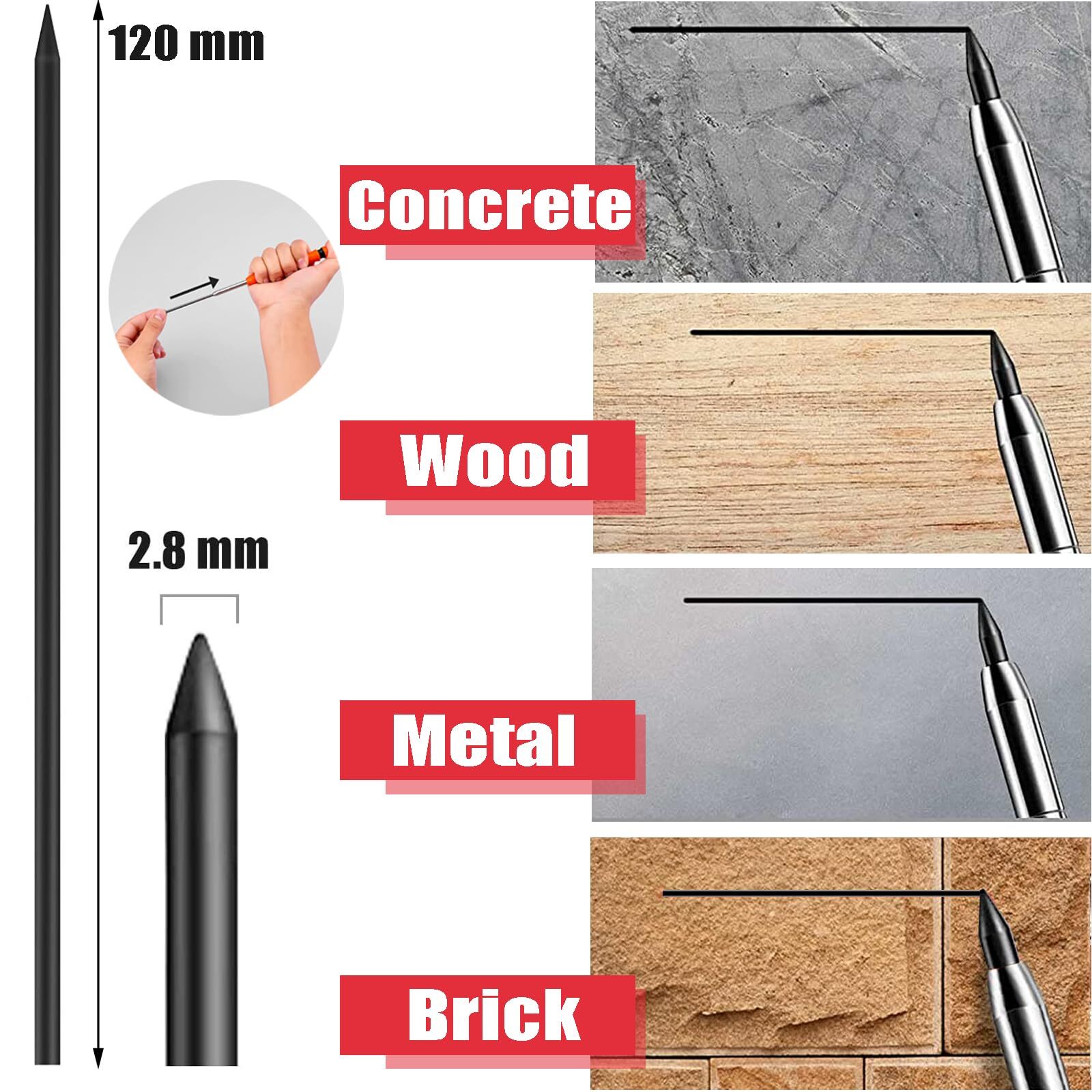 36 PCS 2.8mm Pencil Lead Refills for Carpenter Pencil Mark Solid Deep Hole