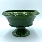 Vintage Haeger Pottery Planter Ribbed Pedestal Dish Olive Green 9 inch diameter