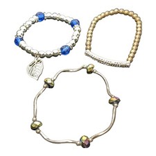 Children's Little Girl's Trio Stretchy Gold Silver Tone Blue Beaded Bracelets