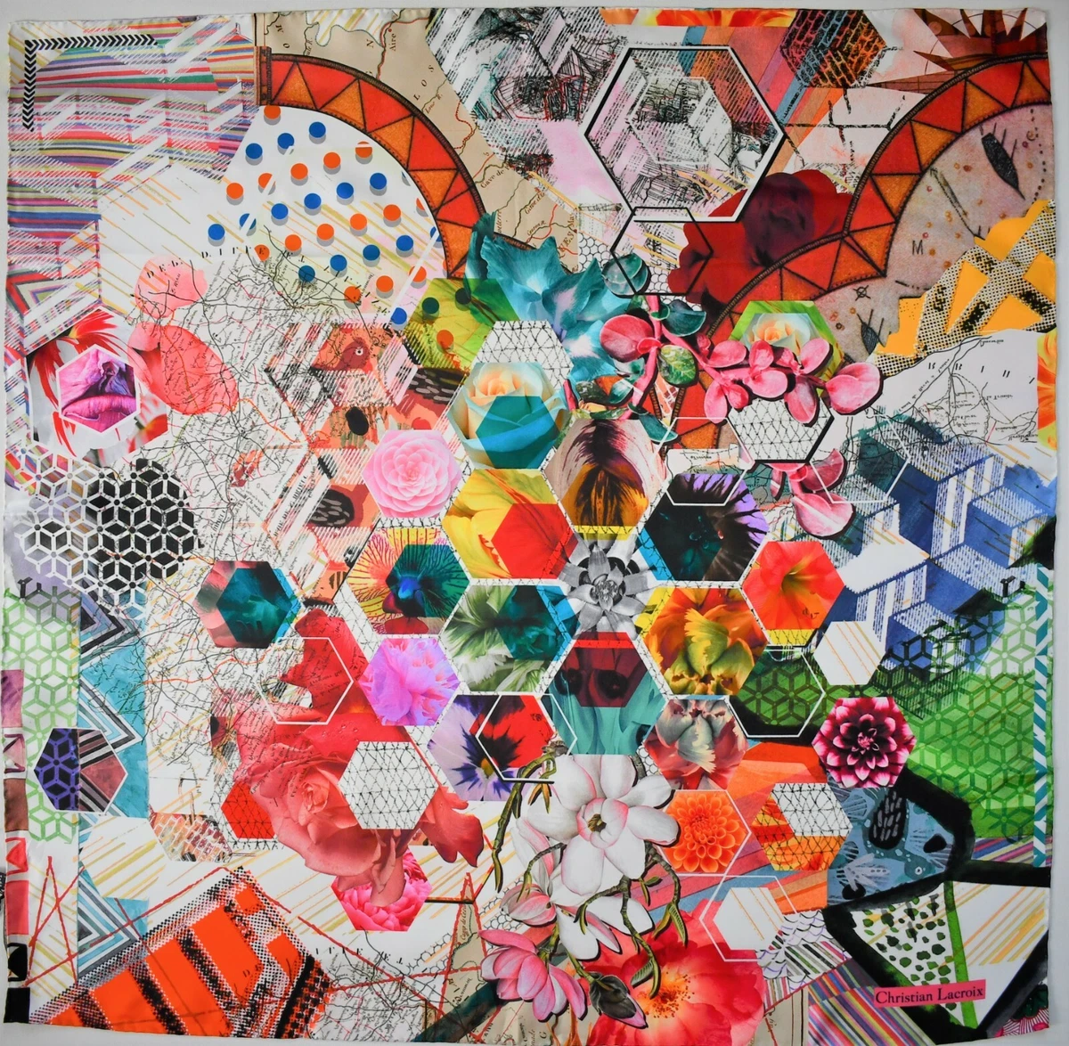 Authentic CHRISTIAN LACROIX FLORAL NOVELTY Print 100 SILK Scarf Foulard