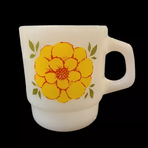 Vintage Anchor Hocking Fire King Milk Glass Coffee Cup Mug Yellow Flower Design