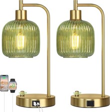 Green Glass Table Lamps Set of 2, Dimmable Bedside Lamps for Living Room