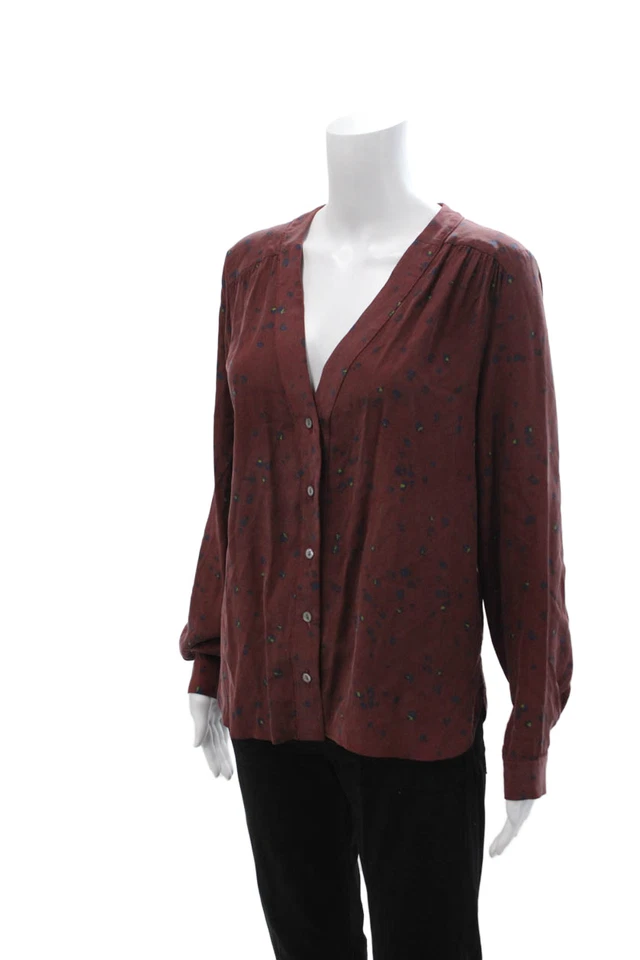 Blusa boho manga larga con botones cuello en V marrón seda Amour Vert para mujer talla XS Foto 2 de 4